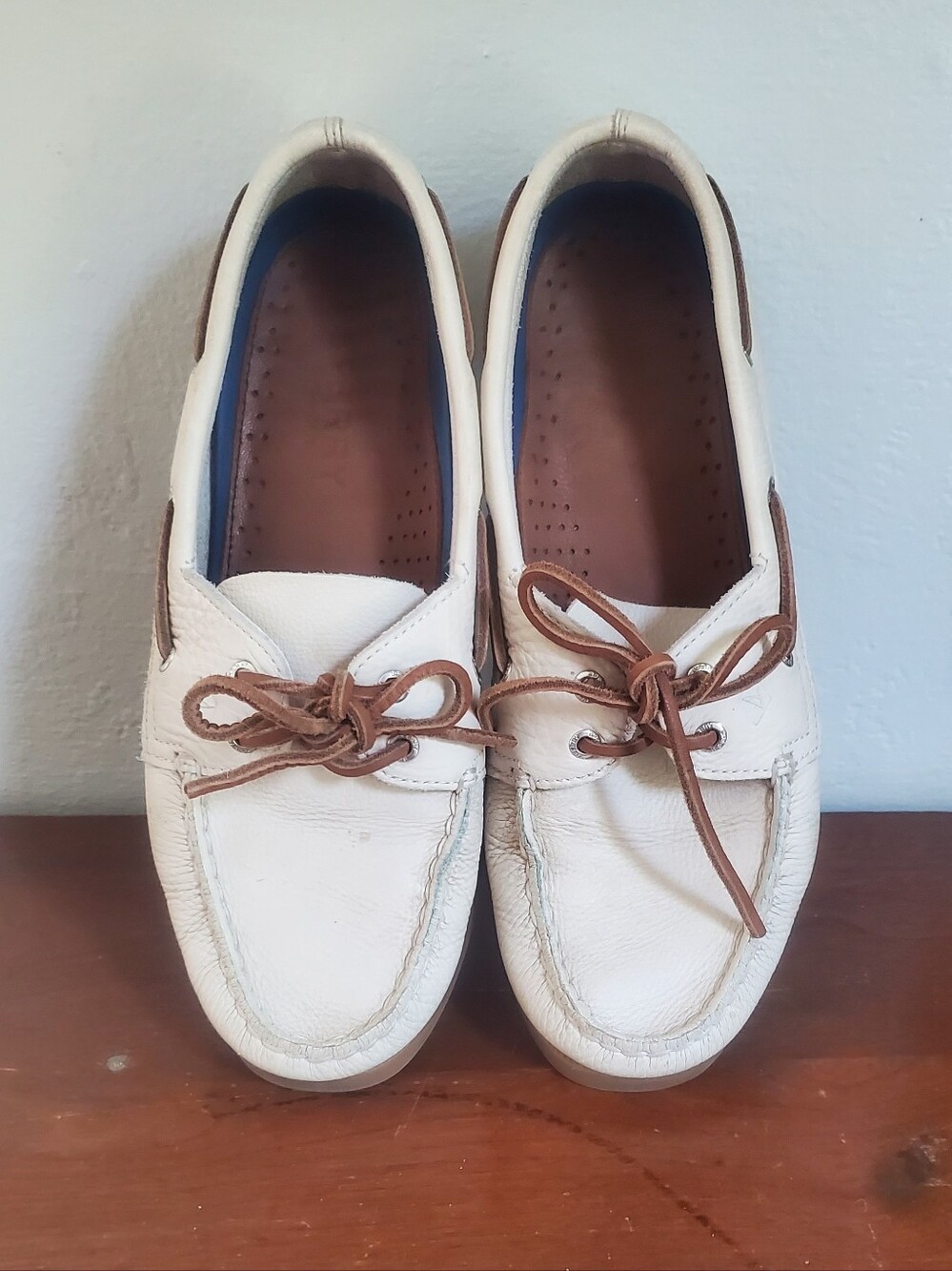 Woman's Leather Boat Shoes in White with Brown Laces